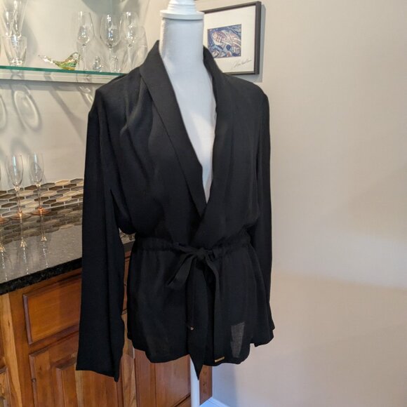 Effortless Chic: Black Flowy Tie-Front Cinched Waist Jacket/Wrap - Size Medium - Picture 1 of 4